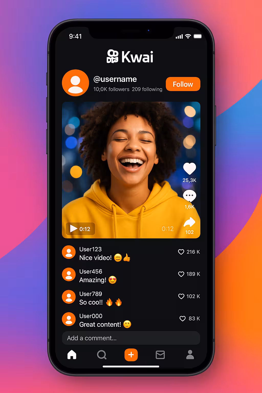 Perfil do Kwai exibindo vídeo com comentários personalizados para engajamento
