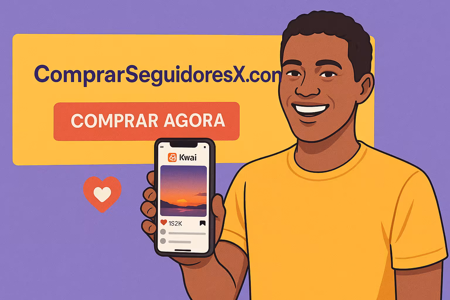 Pessoa sorridente com celular mostrando vídeo do Kwai com curtidas e banner do ComprarSeguidoresX.com ao fundo.