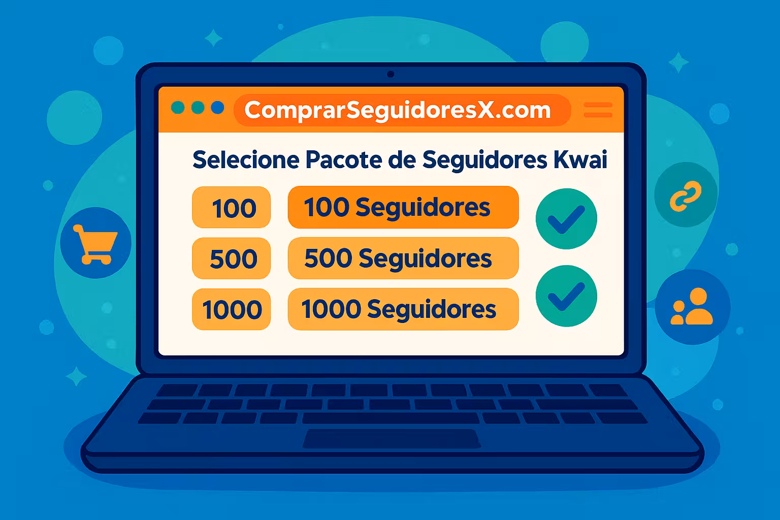 Interface de site para comprar seguidores Kwai com etapas do processo
