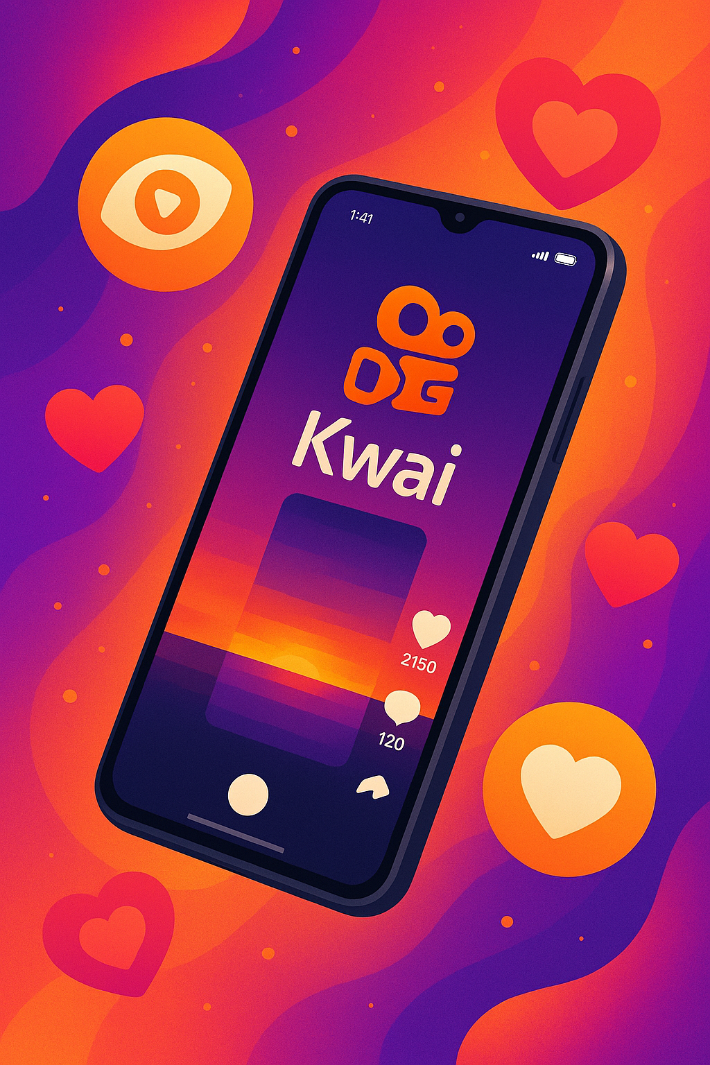 Smartphone exibindo vídeo no Kwai com ícones de views, ideal para contratar visualizações Kwai e impulsionar vídeos.