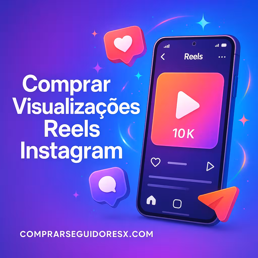 Smartphone exibindo um Reel do Instagram com 10K visualizações, cercado por ícones de curtidas e comentários, com texto 'Comprar Visualizações Reels Instagram' e logo comprarseguidoresx.com, destacando crescimento em 2025.