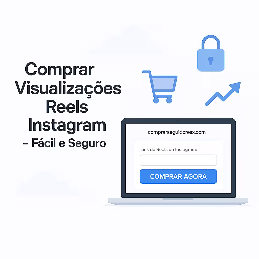 Tela de laptop mostrando o site comprarseguidoresx.com com botão 'Comprar Agora' e campo para link de Reel, cercado por ícones de carrinho, cadeado e crescimento, ilustrando o processo fácil e seguro de comprar visualizações Reels Instagram em 2025.
