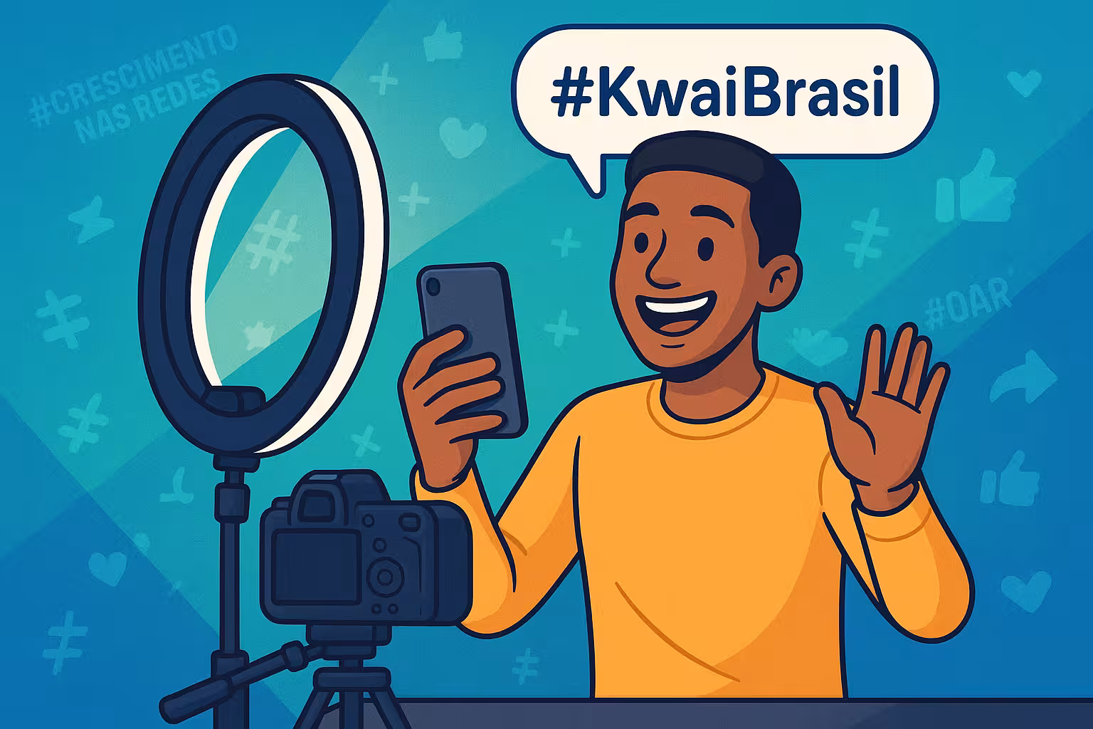 Criador de conteúdo gravando vídeo pro Kwai com hashtags e engajamento