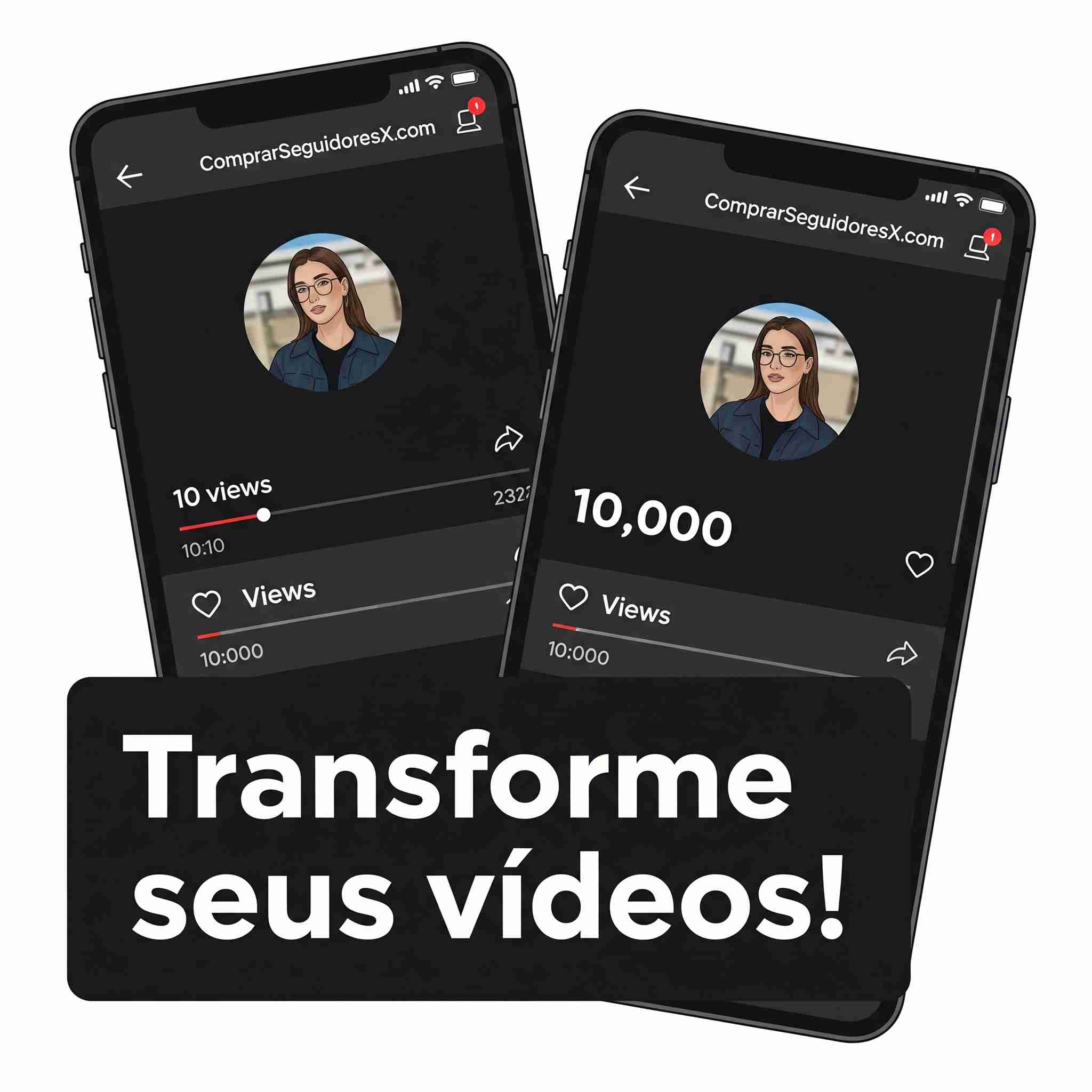 Imagem comparando vídeo TikTok com 10 views antes e 10.000 views depois de comprar visualizações TikTok no ComprarSeguidoresX.com.