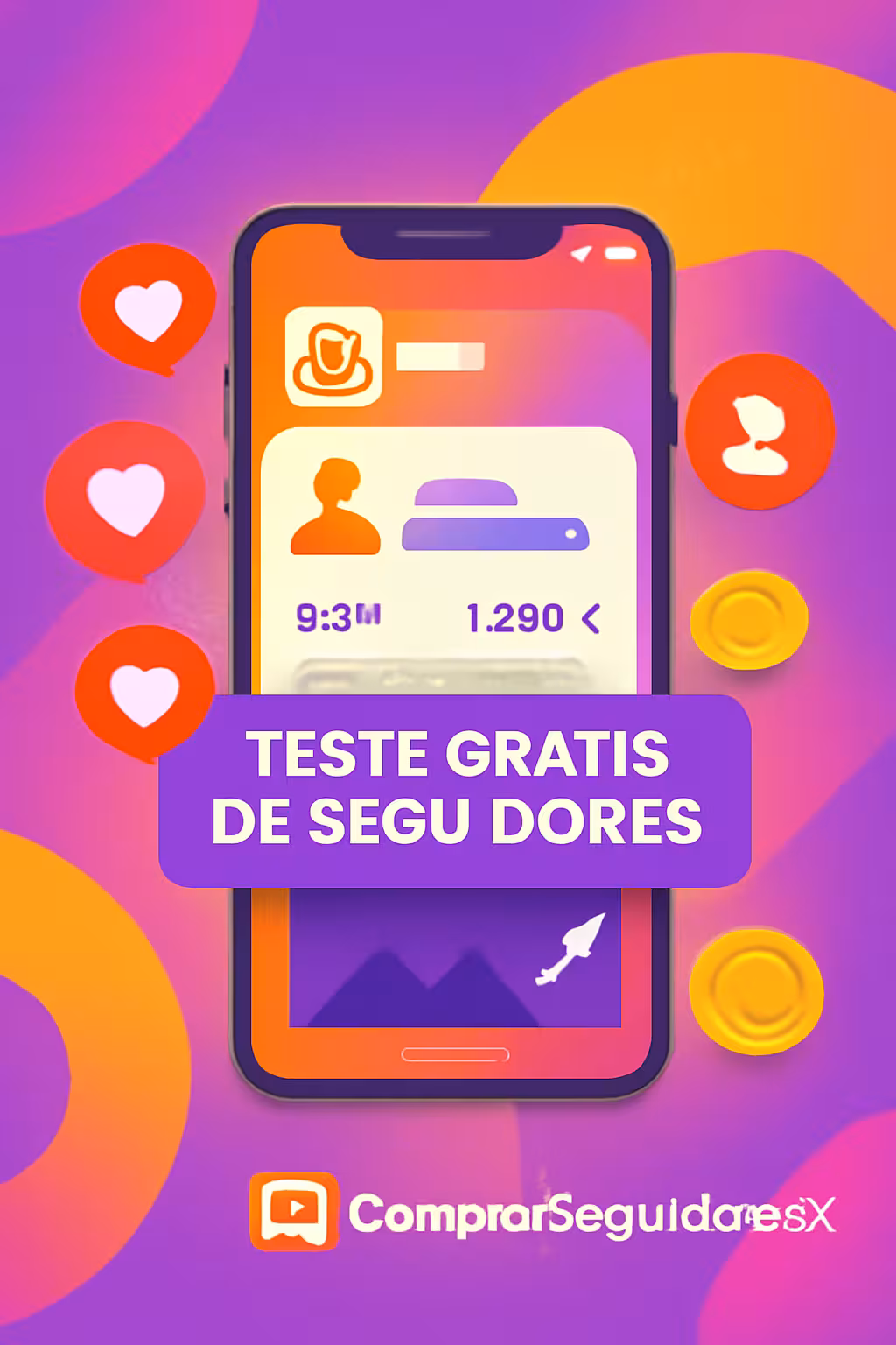 magem ilustrando um smartphone com o aplicativo Kwai, destacando o aumento de seguidores com o teste grátis do ComprarSeguidoresX, cercado por ícones de curtidas e engajamento.