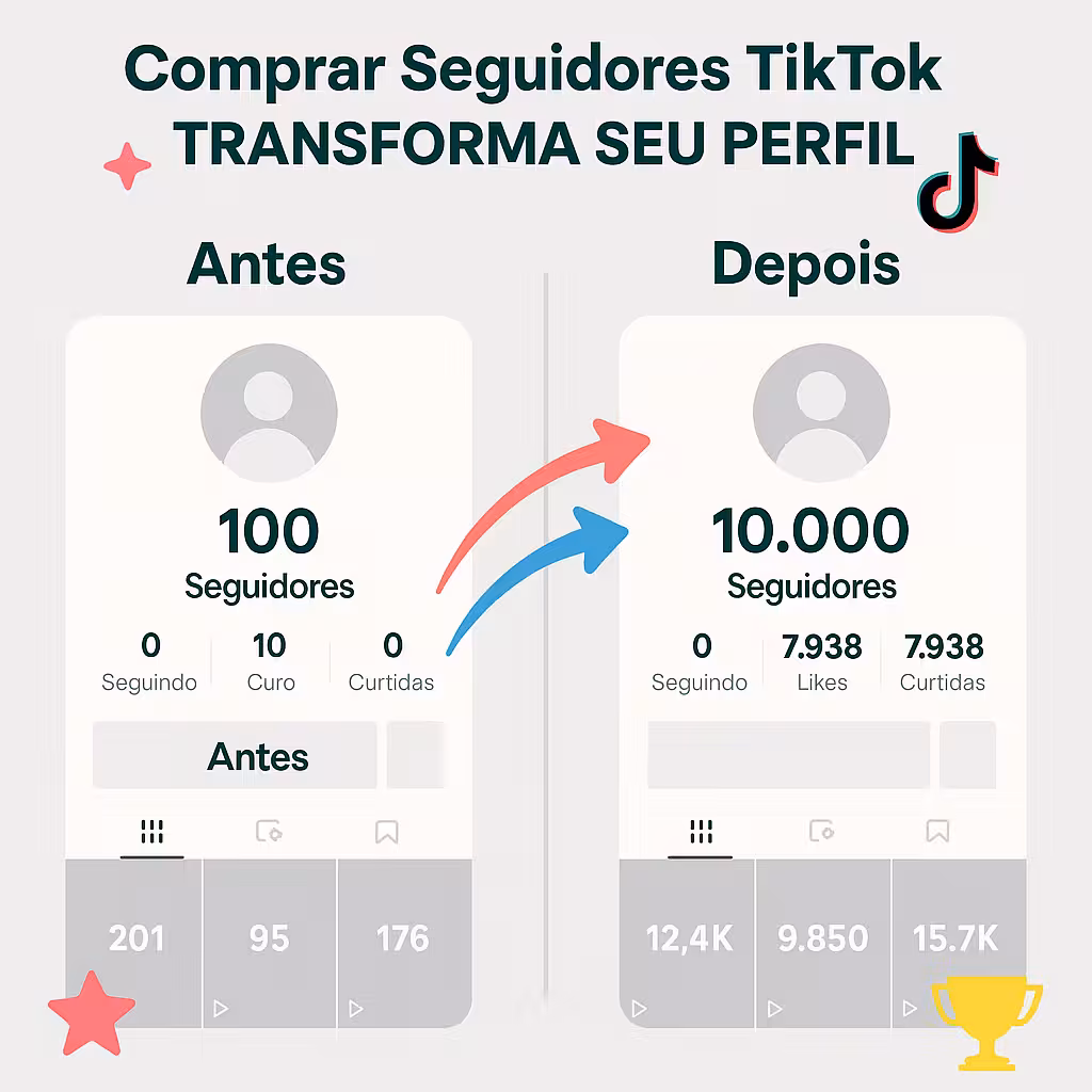 Imagem comparativa mostrando um perfil TikTok antes e depois de comprar seguidores TikTok no ComprarSeguidoresX.com, destacando o aumento de credibilidade e visibilidade.