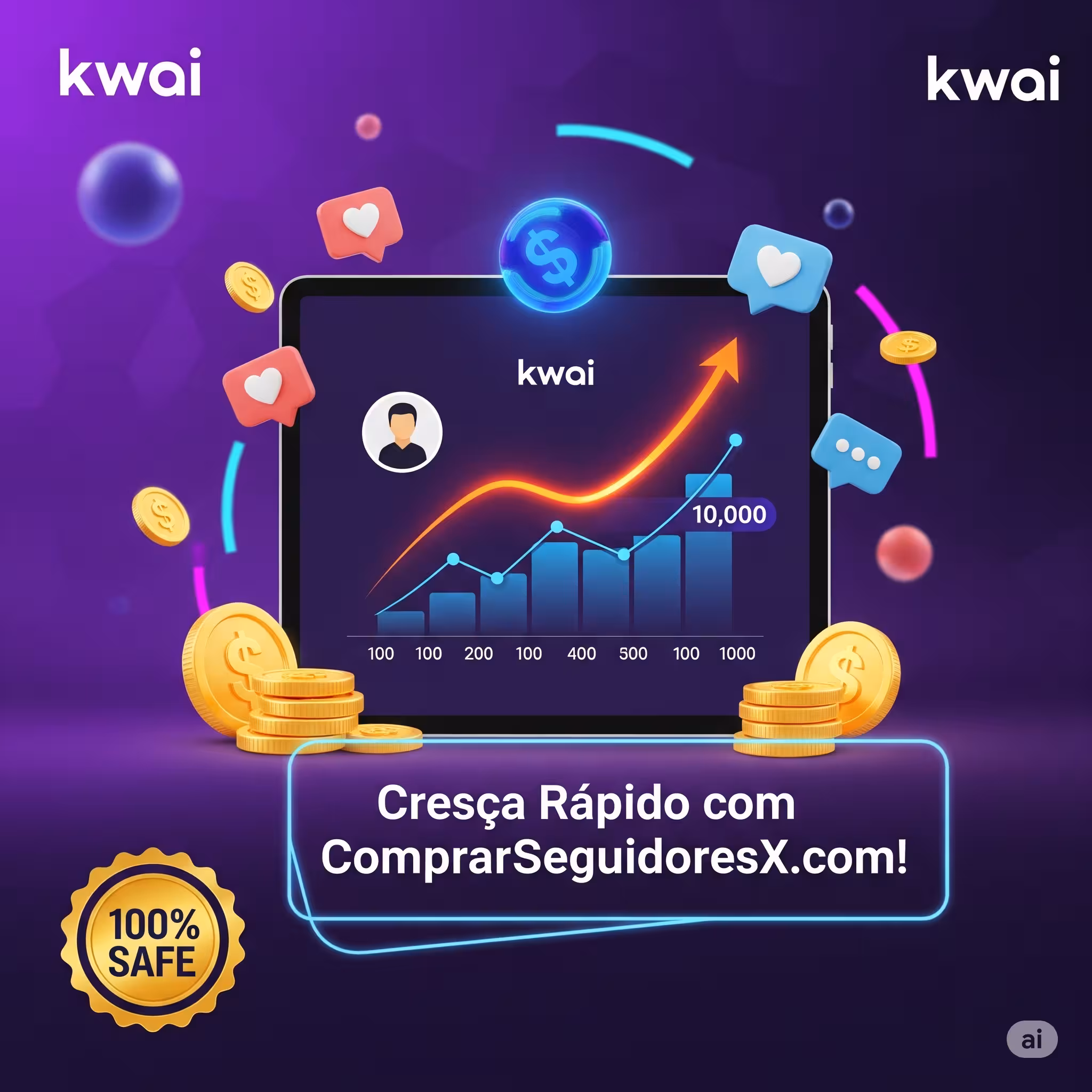 Imagem vibrante mostrando um smartphone com a interface do Kwai, destacando o crescimento de seguidores ao comprar seguidores no Kwai barato no ComprarSeguidoresX.com, com ícones de curtidas e engajamento.