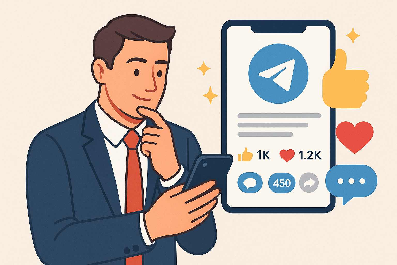 Homem de negócios analisando um post de Telegram com muitas reações positivas e ícones de engajamento.