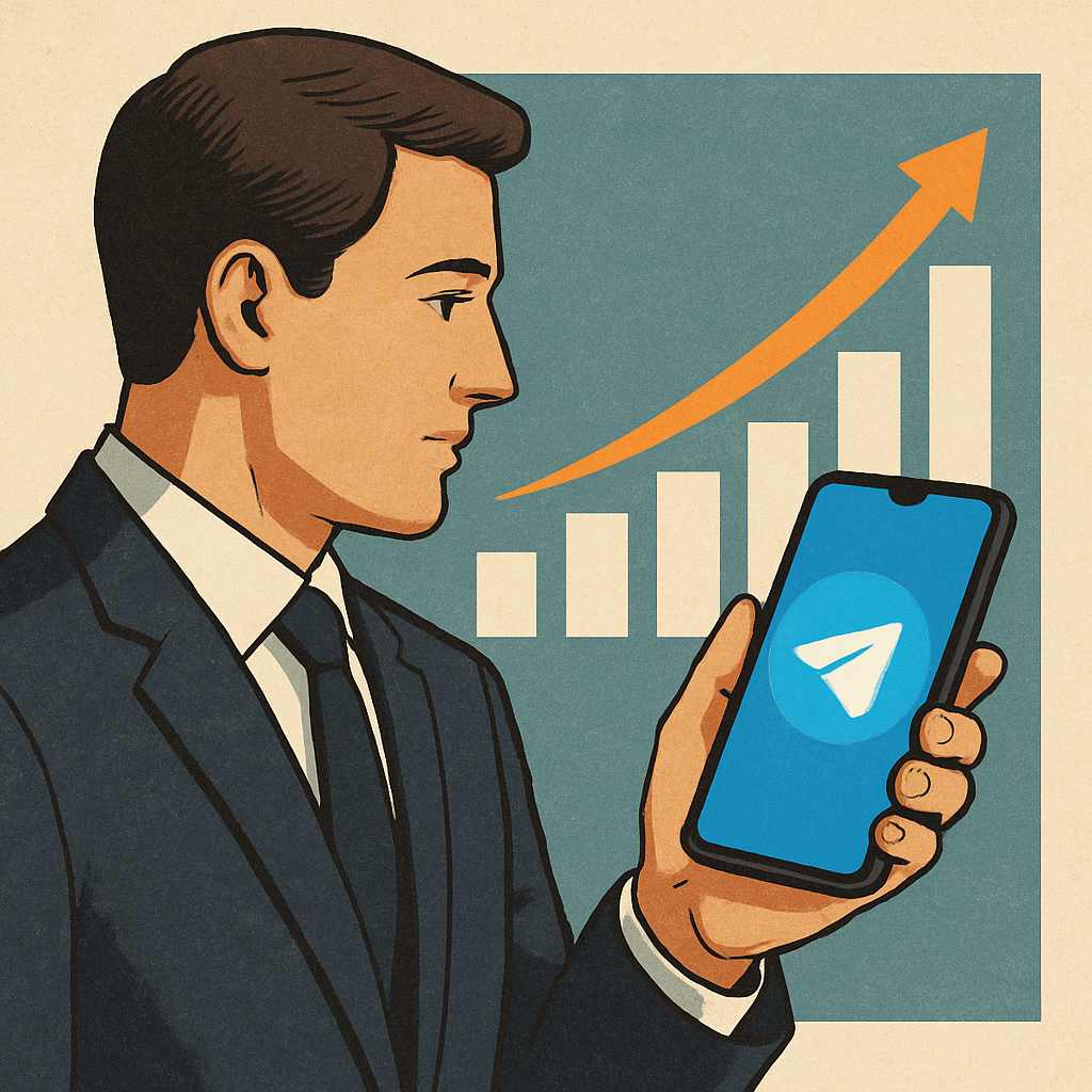 Homem de negócios olhando para um gráfico de crescimento em um celular com o logo do Telegram